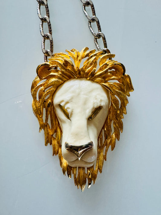 Vintage Gold Tone and ivory Lion head necklace with silver chain