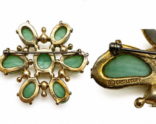 Beautiful 1960s signed Castlecliff brooch with green cabachon stones and delicate pearls