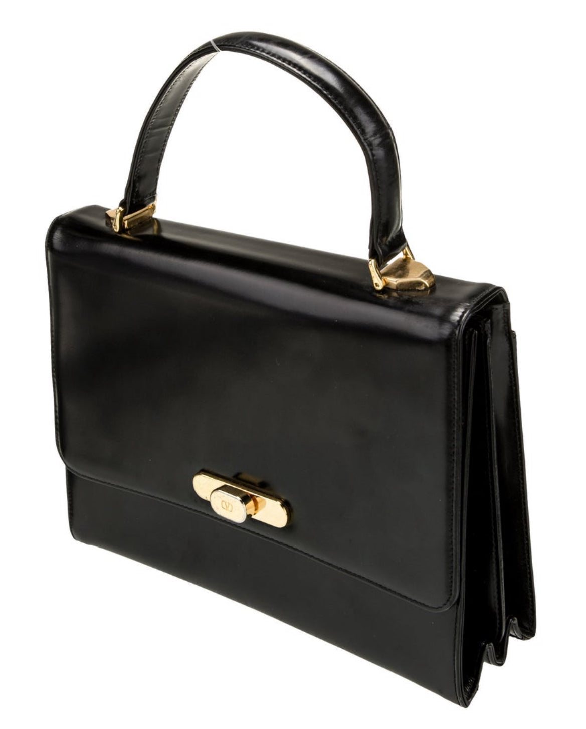 Stunning, 1970s vintage classic black Valentino top handle leather bag with gold hardware and two interior pockets