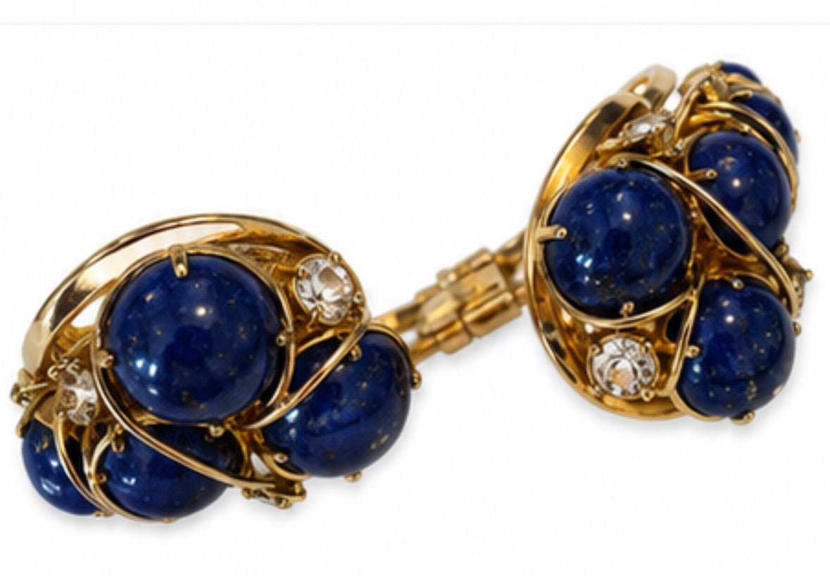 Gorgeous 1940s signed Hattie Carnagie gold plate clamper bracelet with lapis cabochons and rhinestones