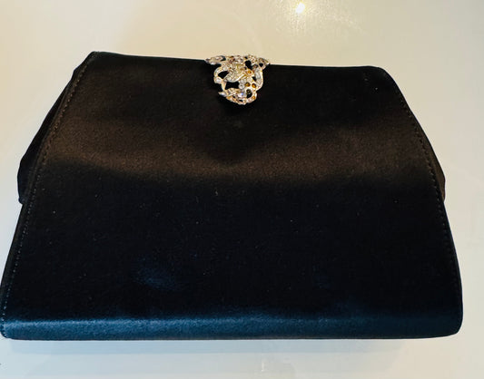 Vintage Escada black satin bag with rhinestones and removable shoulder strap with dust bag. Oscar worthy! see photo for missing stones
