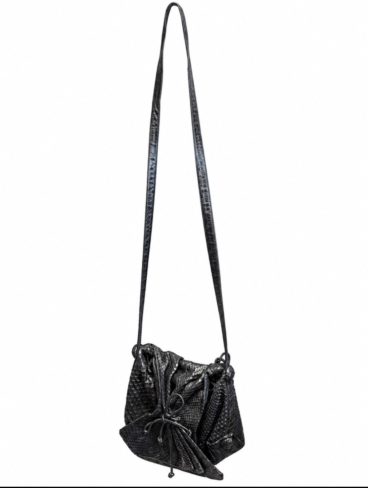 1980s black leather skin Carlos Falchi butterfly bag with extra long strap. The idea is you knot the strap to make it the desired length.