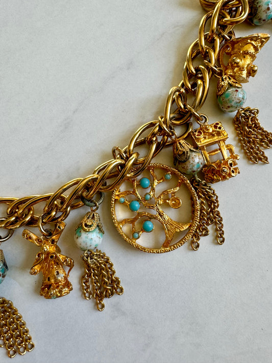 1970s tree of life charm bracelet in gold tone and turquoise