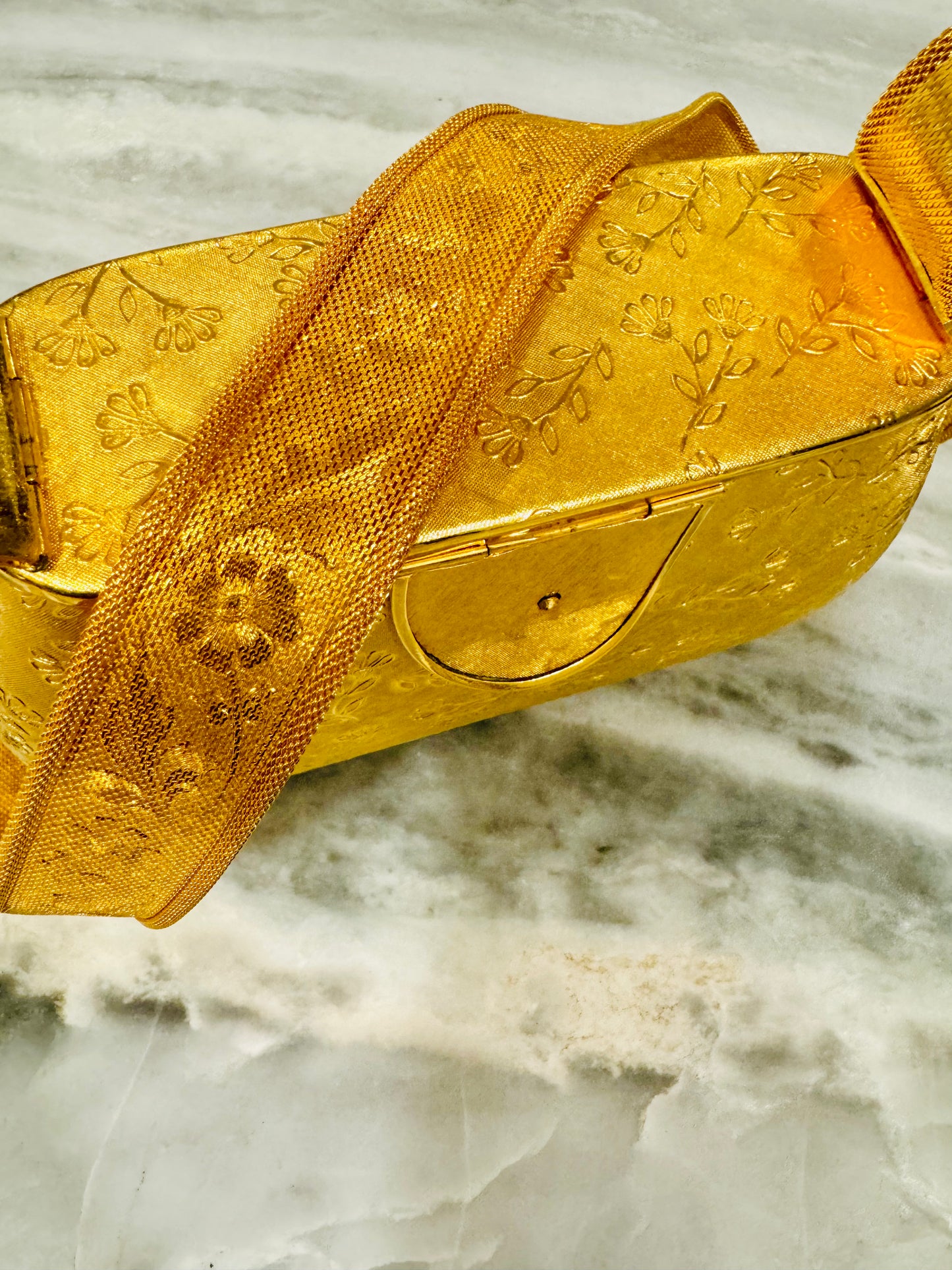 RARE Rosenfeld metal hard shell and brass strap with flower engraving found in pristine condition. Velvet lining. Made in Italy. Precious.