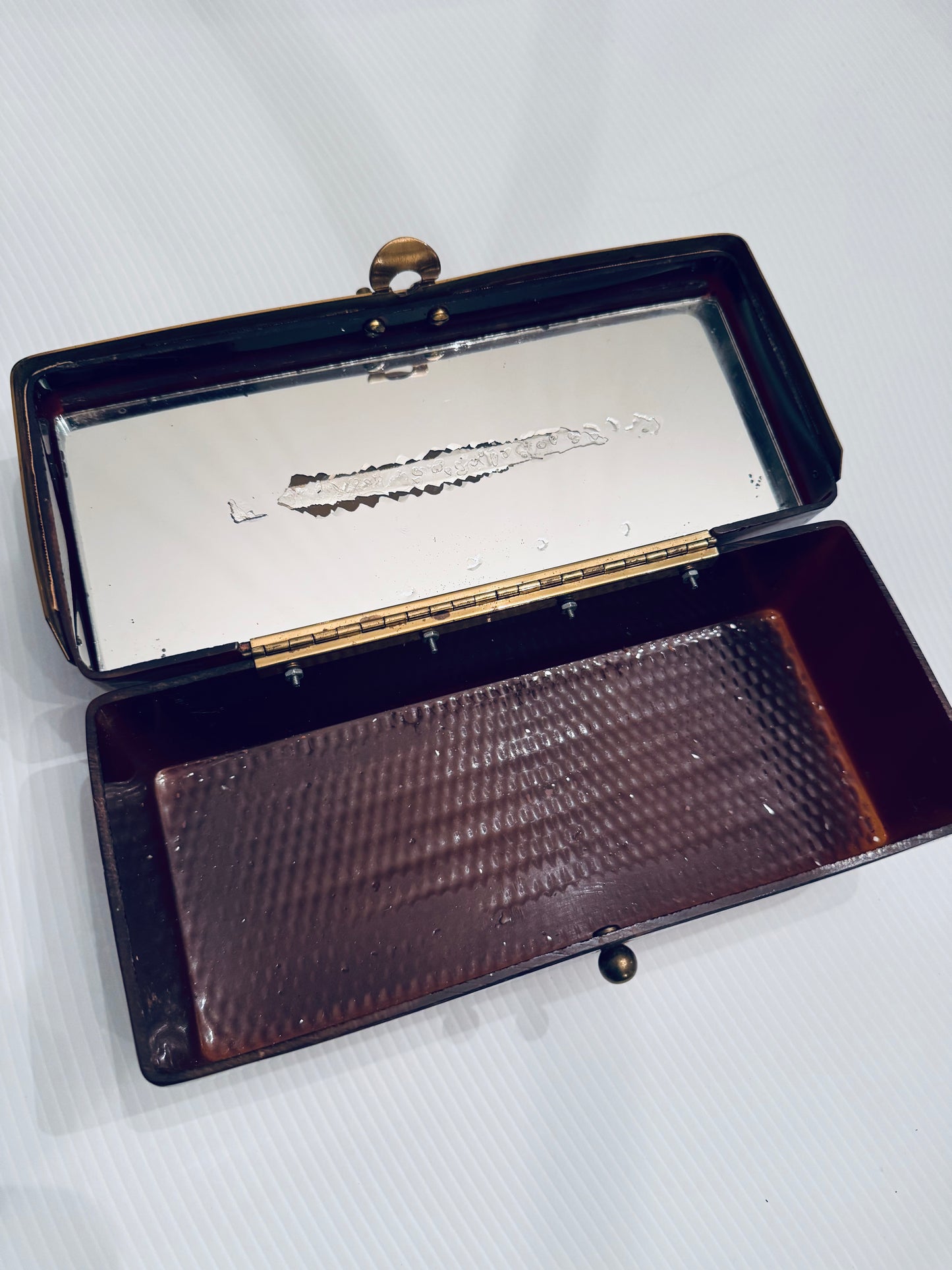 Stunning vintage 1940s lucite box bag in honey brown. Mirror has wear, otherwise perfect shape