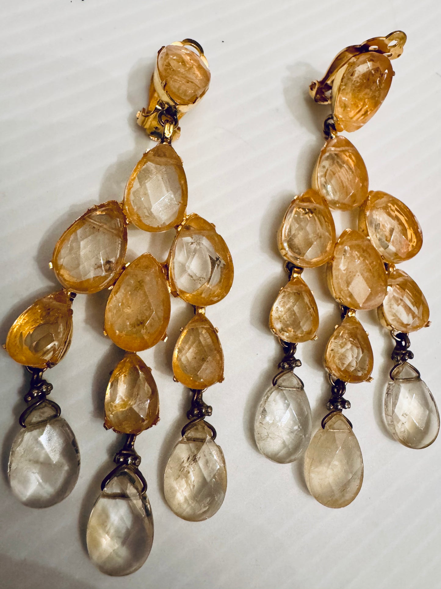 Gorgeous vintage dangle chandelier clip on earrings in light, amber, and clear rhinestones