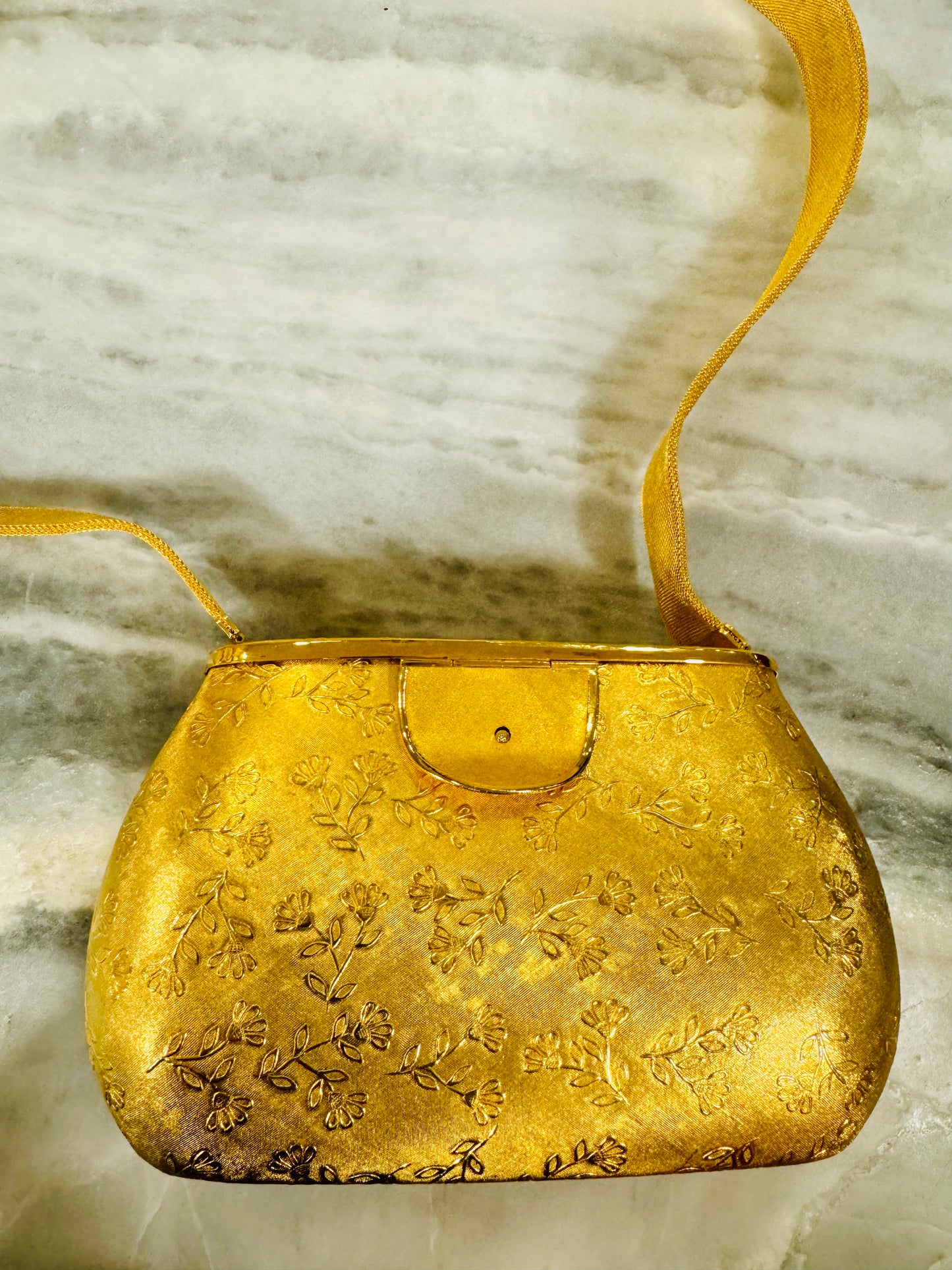 RARE Rosenfeld metal hard shell and brass strap with flower engraving found in pristine condition. Velvet lining. Made in Italy. Precious.