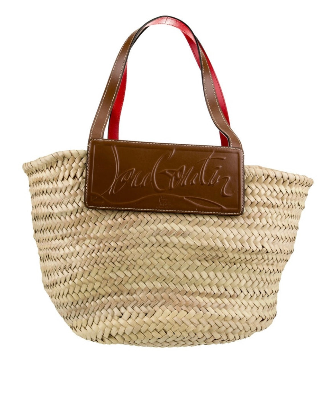 Beautiful Christian Louboutin raffia summer bag with leather straps and logo trim. Brown and red shoulder straps.