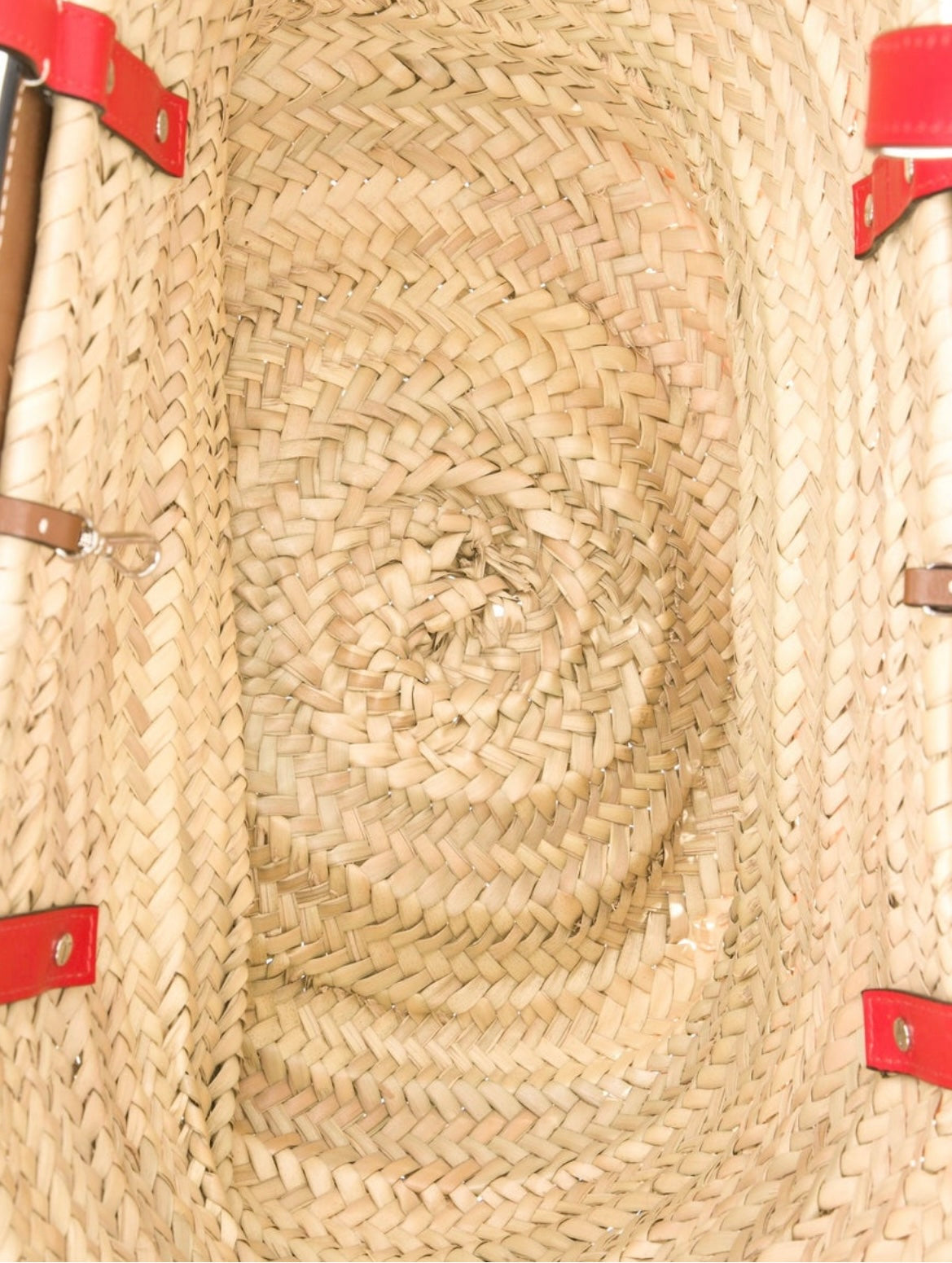 Beautiful Christian Louboutin raffia summer bag with leather straps and logo trim. Brown and red shoulder straps.