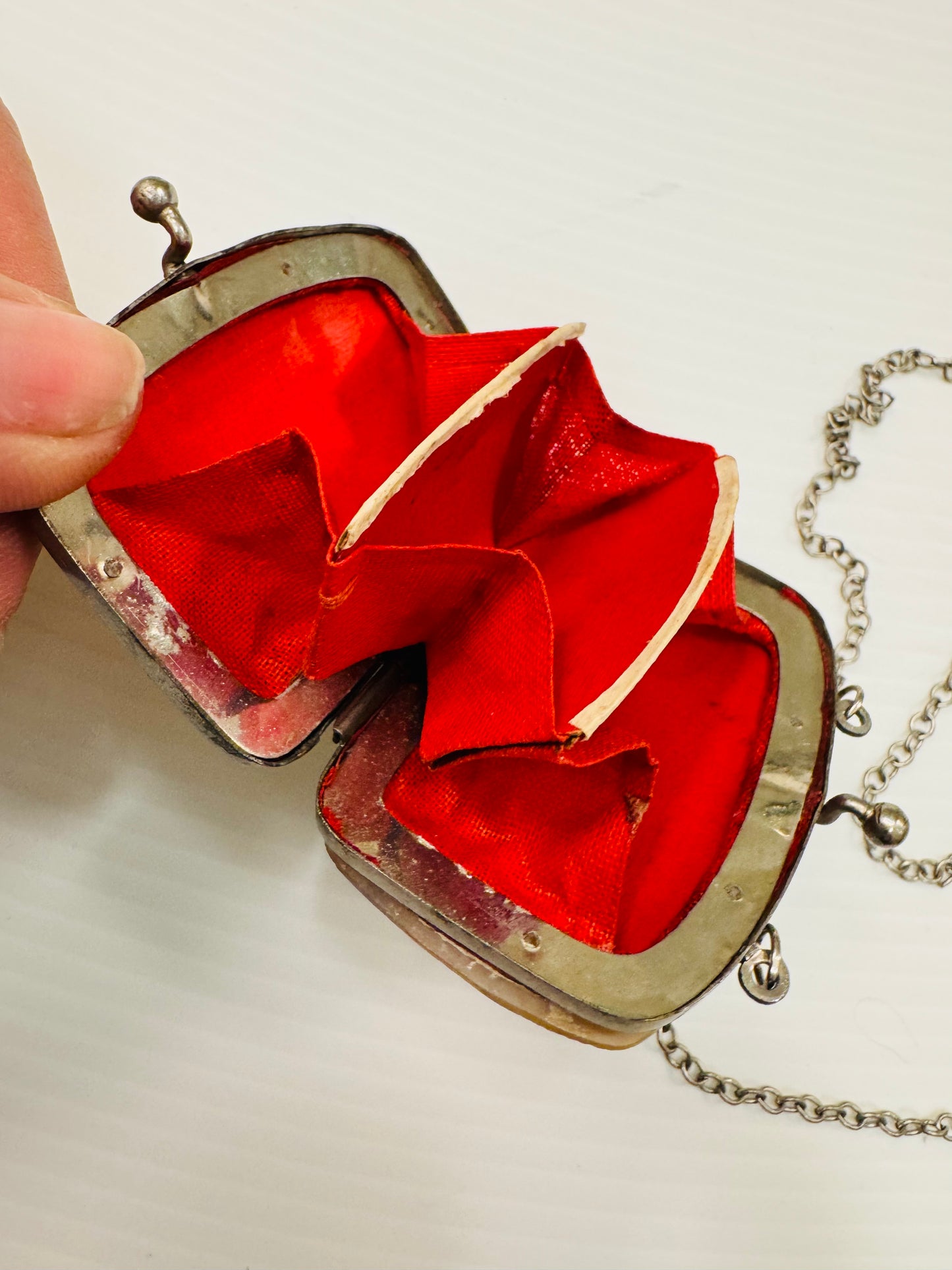 1930s sterling mother of pearl hand painted coin purse necklace