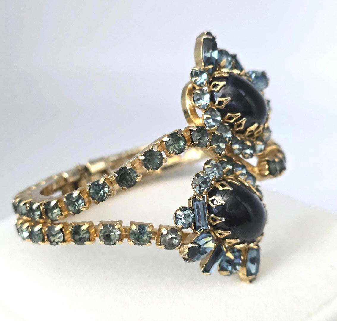Vintage Hattie Carnegie Clamper Bracelet Gold Tone Black Cabochon Blue Rhinestone Cuff | 1950s Designer Statement Jewelry