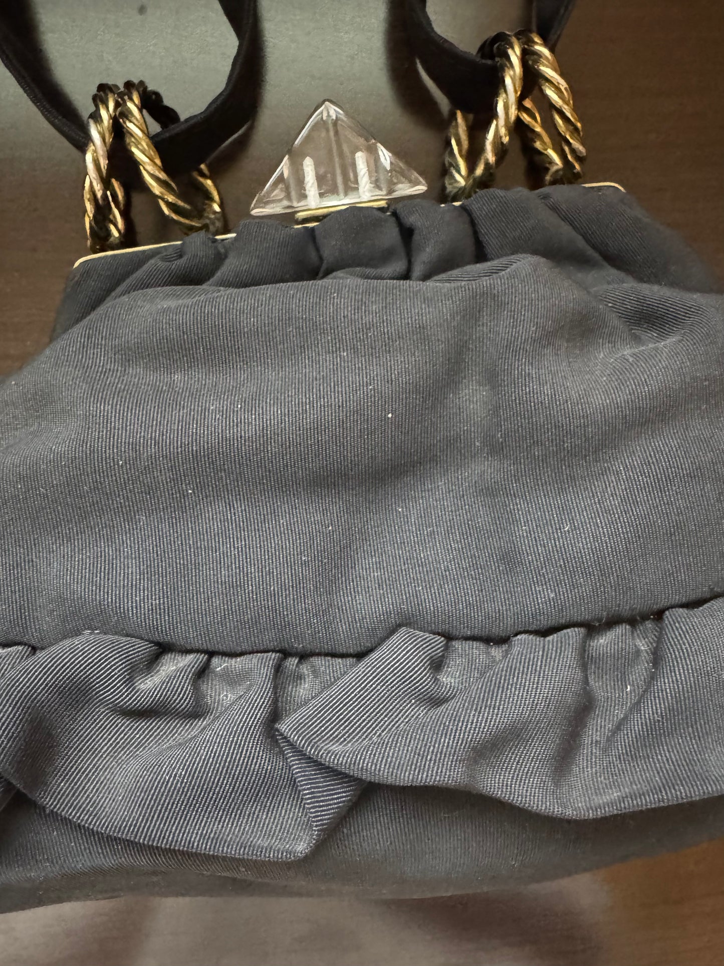 Beautiful and unique 1930s black satin bag with brass handle hooks and LUCITE closure
