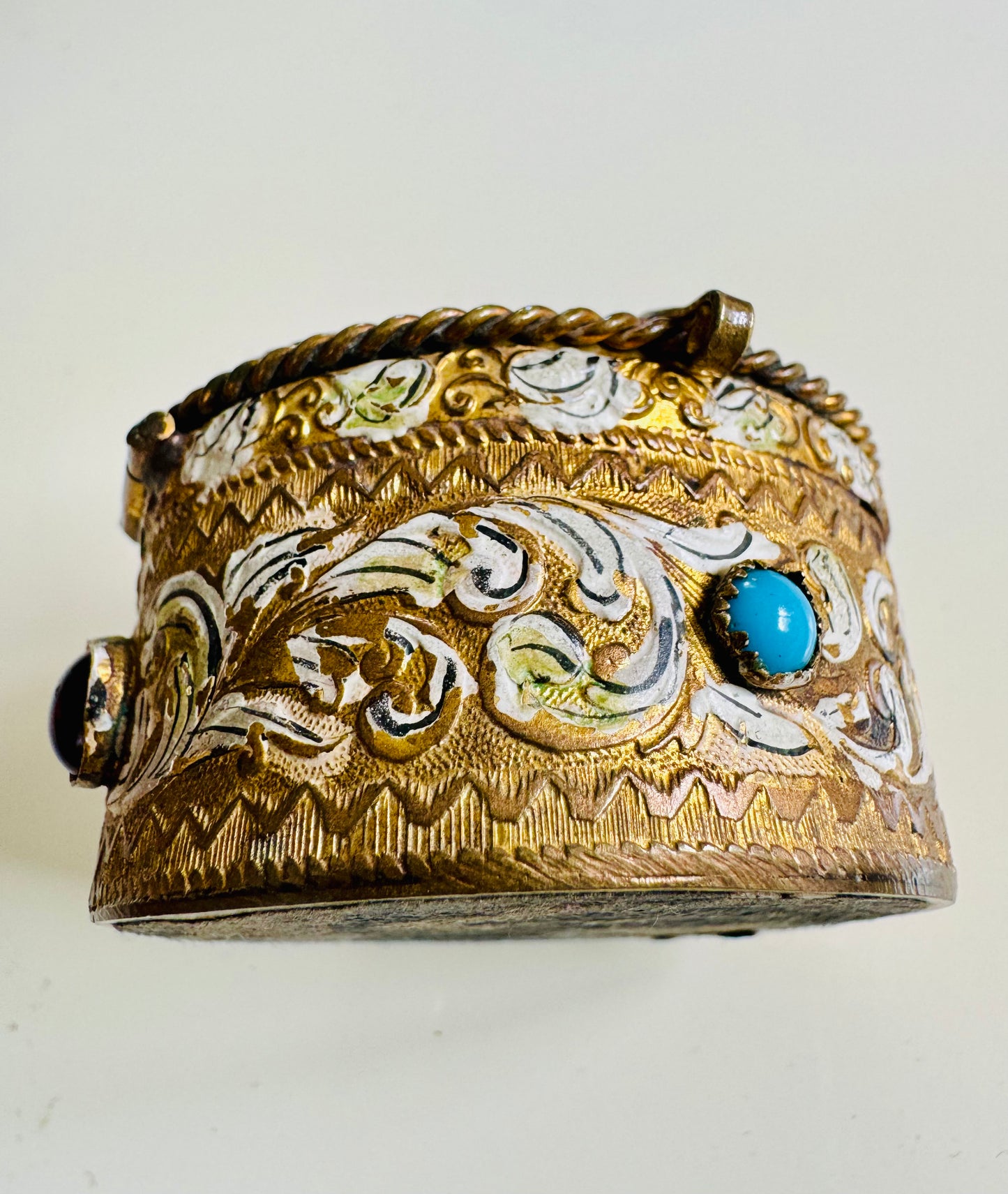 Wow factor vintage filigree with stones trinket box that opens 3 ways to reveal mirror and secret storage