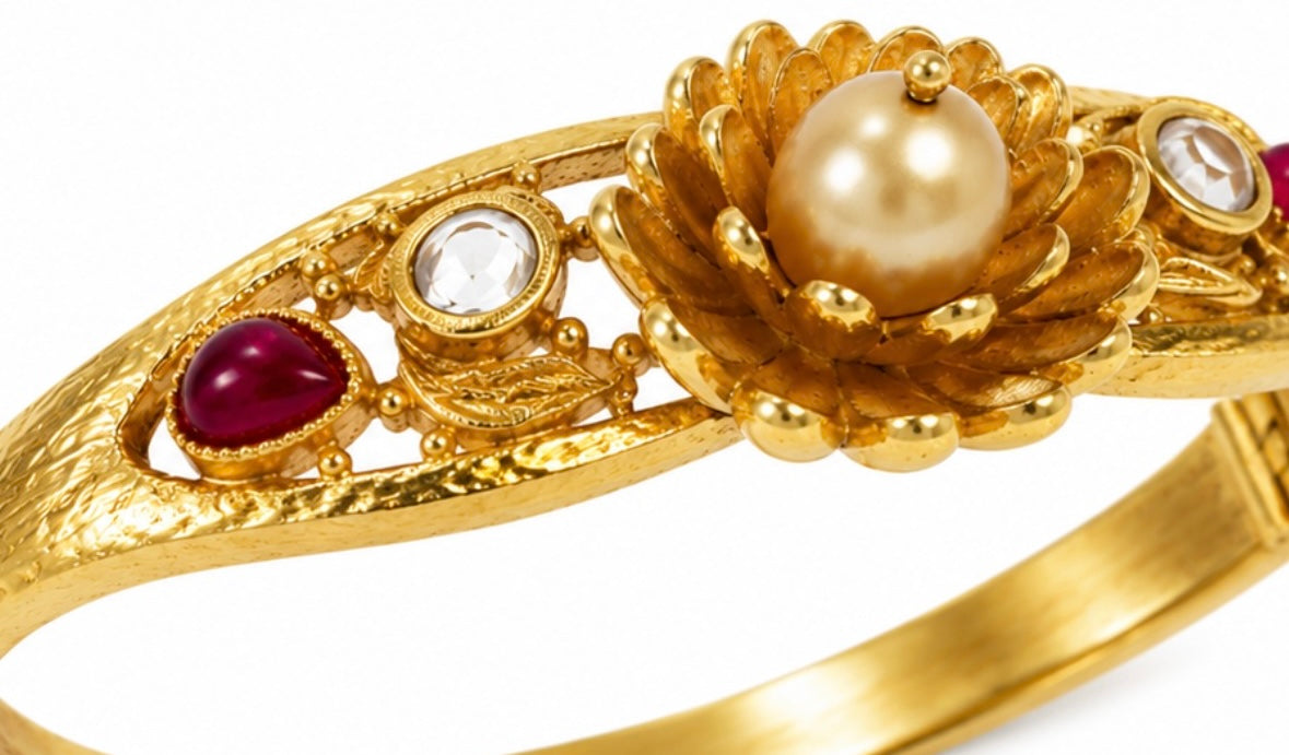 Beautiful retro clamper bracelet with faux pearl and ruby colored stones