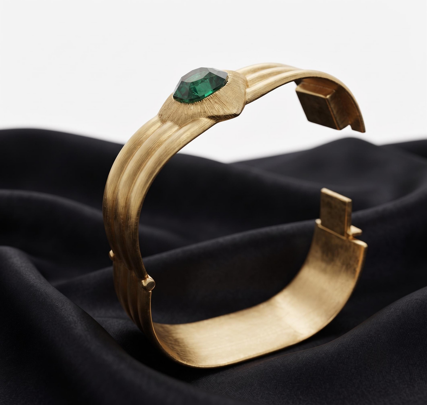 1970s gold tone clamper bracelet in a square shape with a beautiful green rhinestone in the center