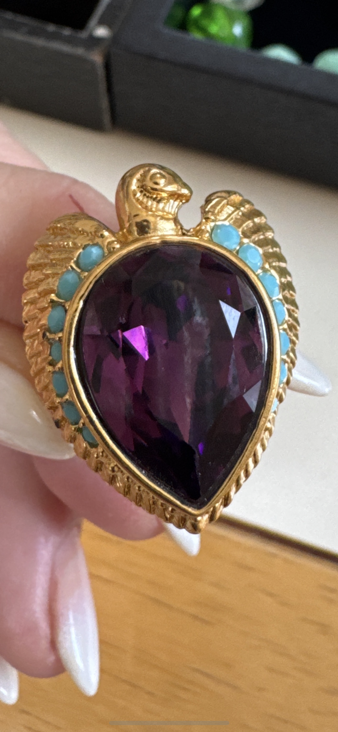 Elizabeth Taylor for Avon vintage cocktail ring. Inspired by her love and passion for Eqyptian and Golden Bird themed jewelry from her private collection.