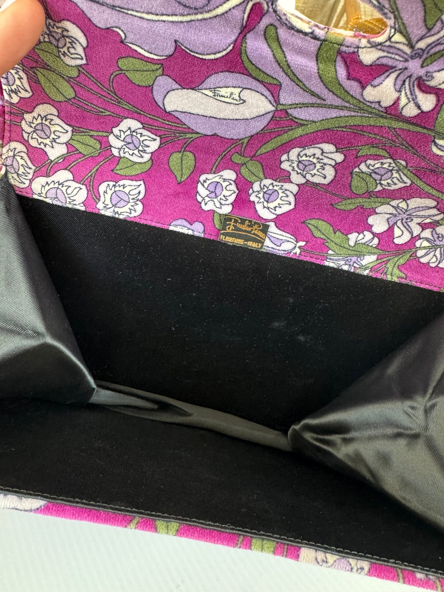Vintage 1970s velvet PUCCI envelope clutch with purple tone flowers. Beautiful condition