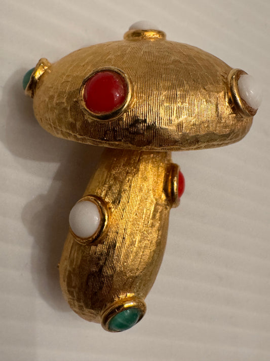 adorable vintage Carollee mushroom brooch in gold tone with cabochons
