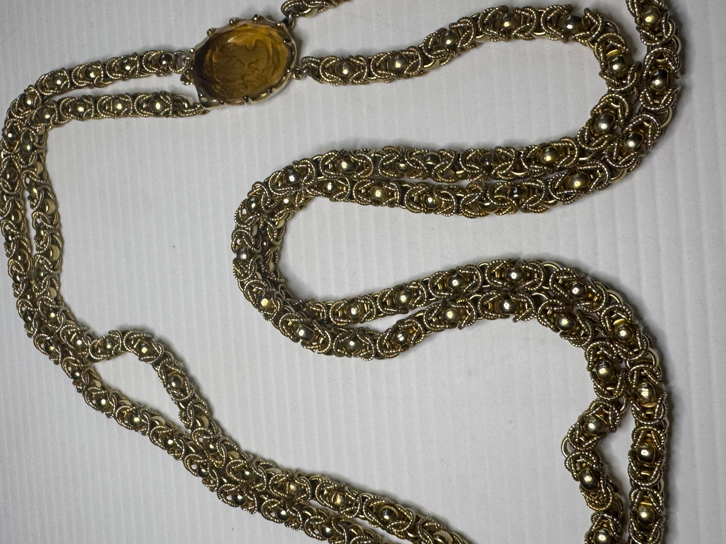 1940s intarsia cameo necklace with gorgeous gold Double chain