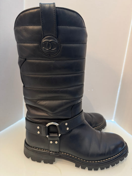 Chanel black leather moto boot with silver hardware and new vibram lug soles