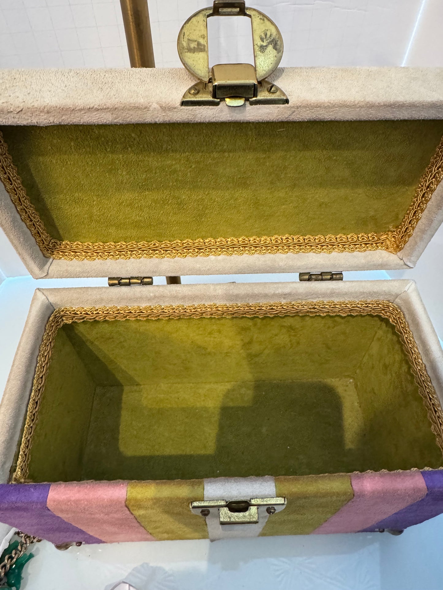 Vintage suede ivory purple, pink and green box bag with green interior