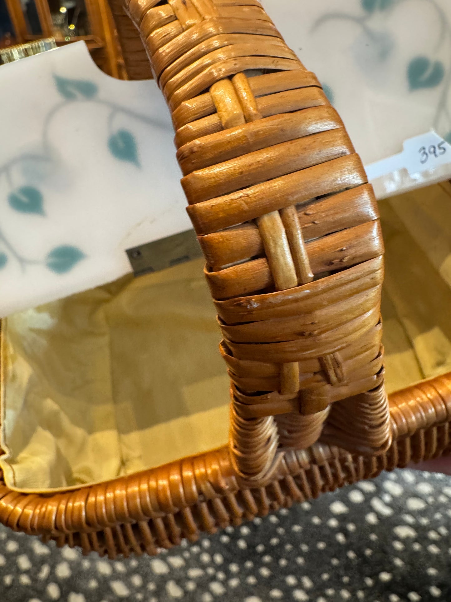 1930s lucite basket bag with pink roses and yellow fabric inside