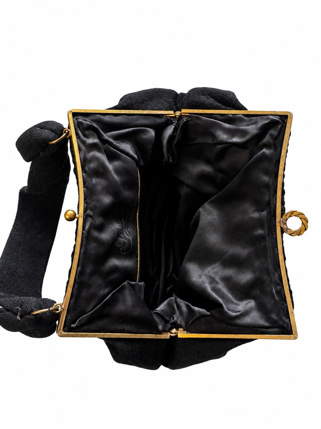 Beautiful 1940s black wool top handle bag with rhinestone detailing in the corners