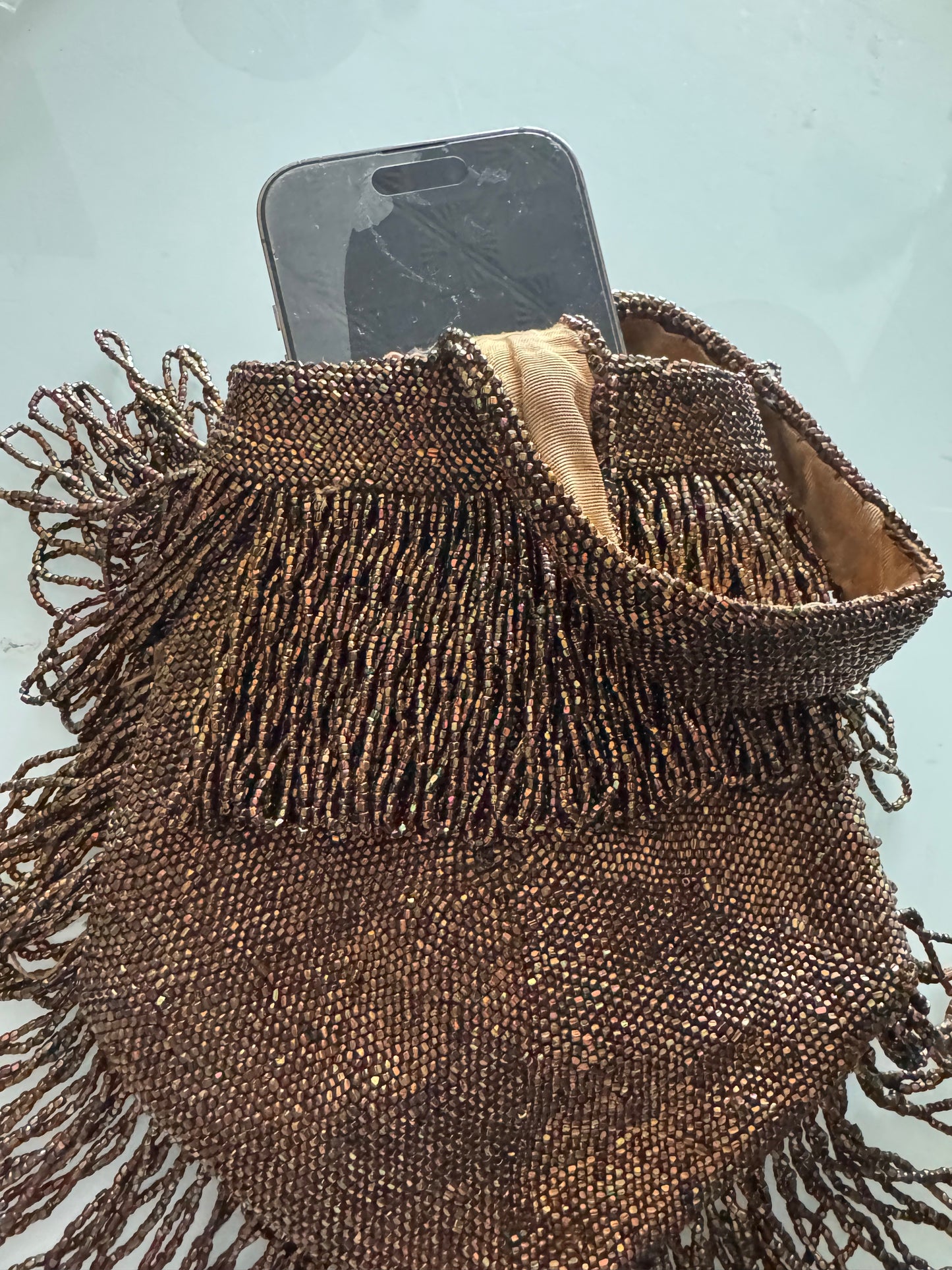 1930s bronze beaded bracelet handbag. Found in Paris.