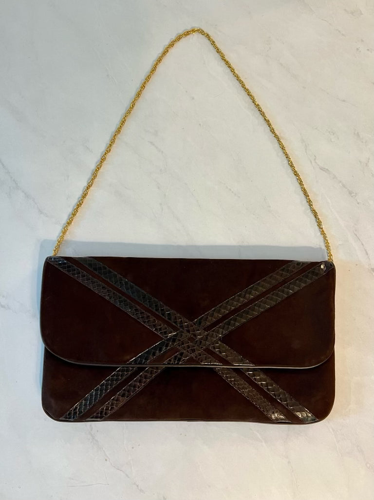 Vintage brown suede and snake print detail clutch with gold tone chain