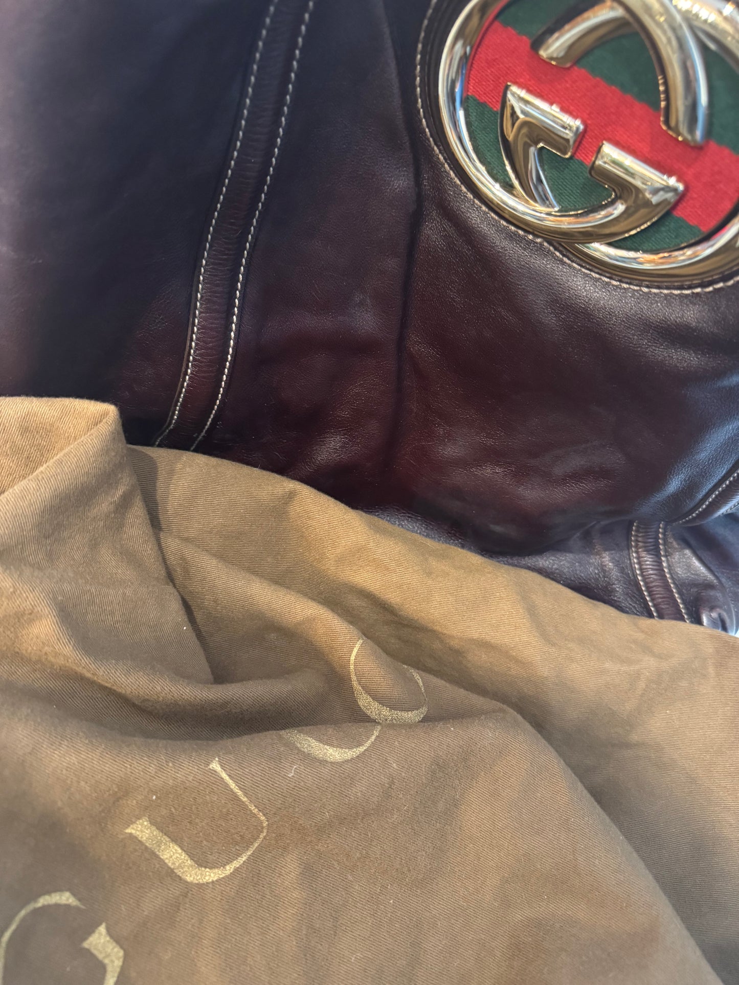 Vintage jumbo brown leather GUCCI web brit tote