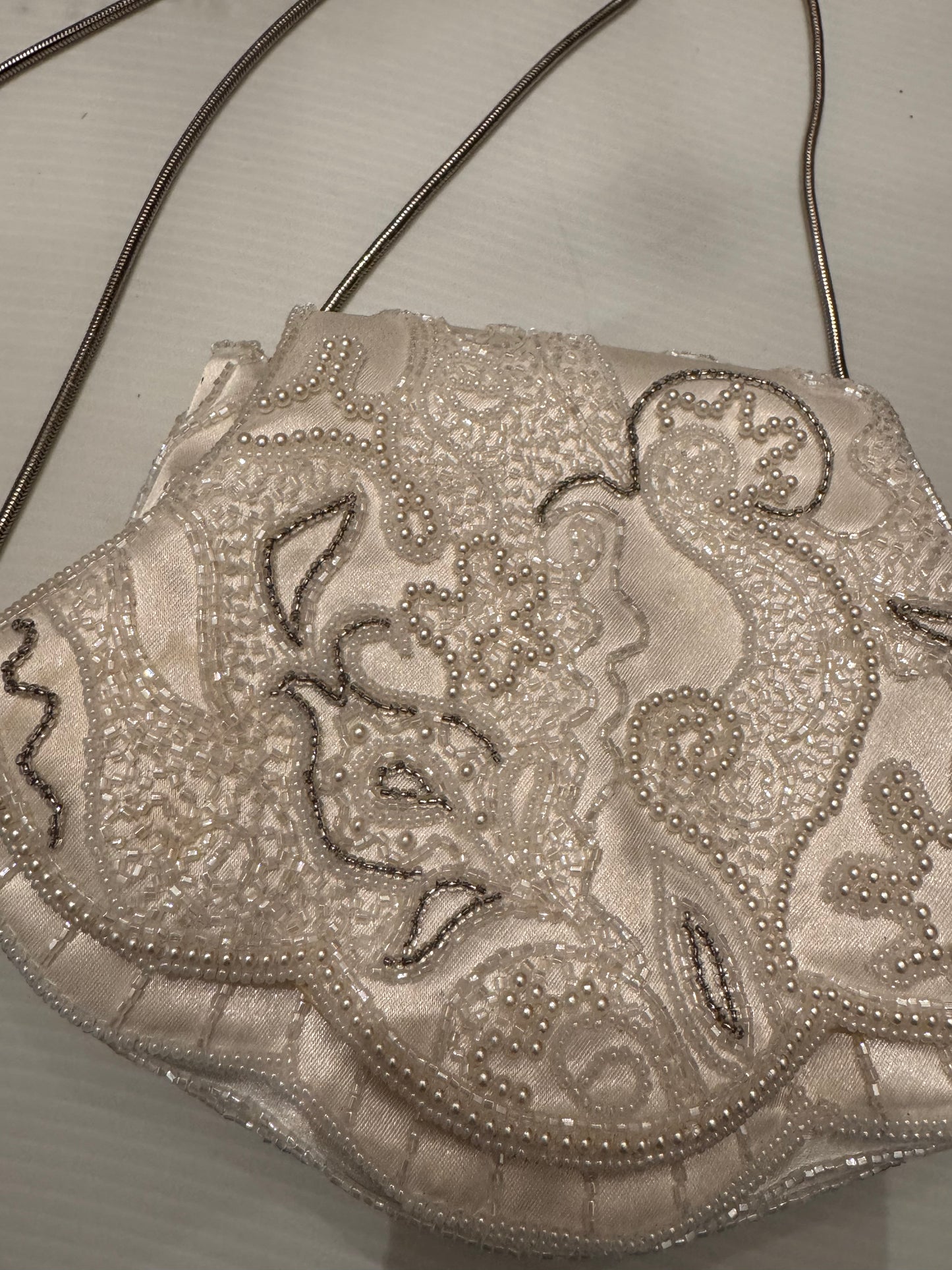 Gorgeous 1950s white satin and beaded bag with strap that can be worn as Crossbody
