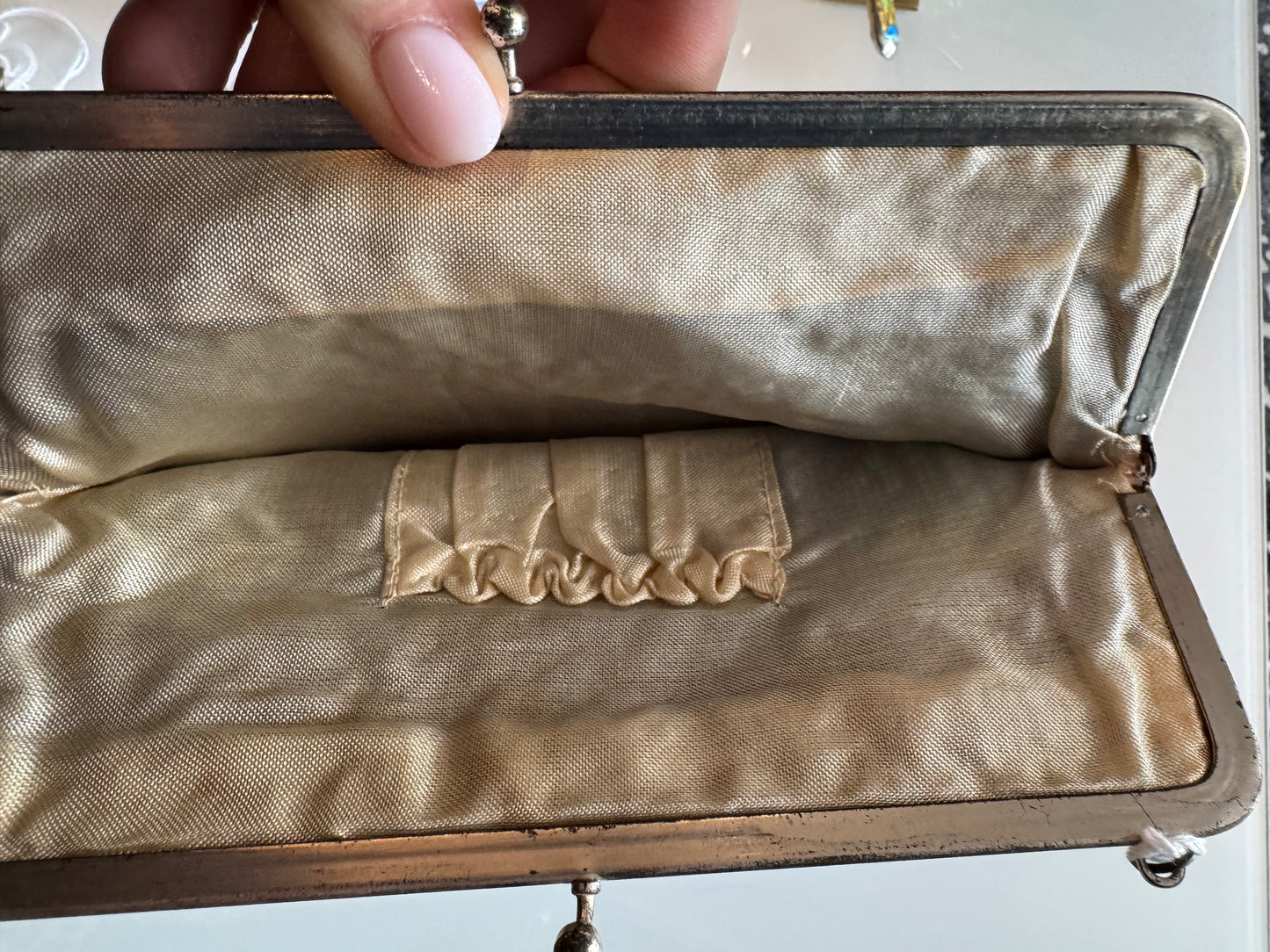 1920s vintage flapper bag with blue green red, yellow and turquoise beads. Metal hardware.