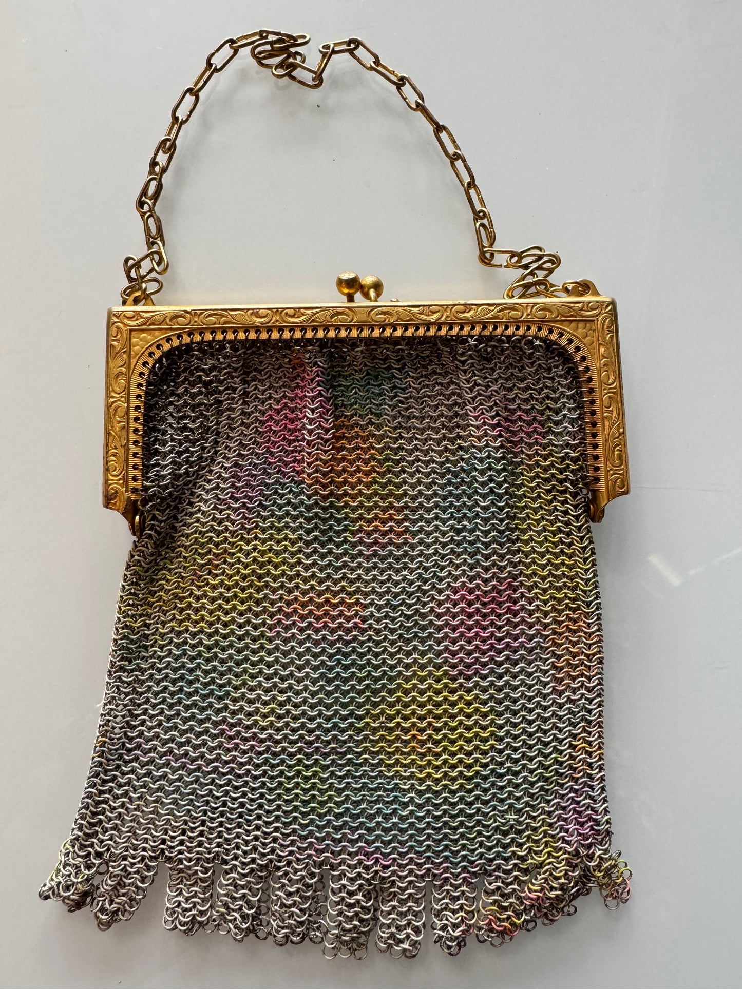 vintage 1920s Whiting and Davis chain metal mini purse with gold hardware and impressionist design