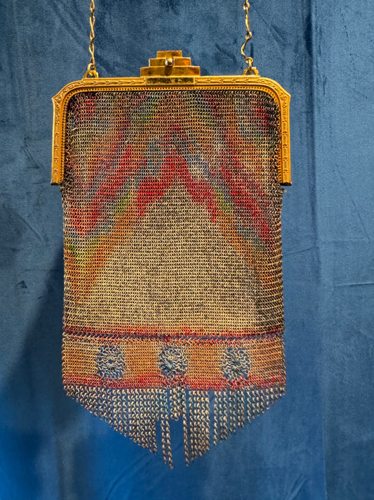 vintage 1920s Whiting and davis chain metal bag with gold hardware. Impressionist  colors