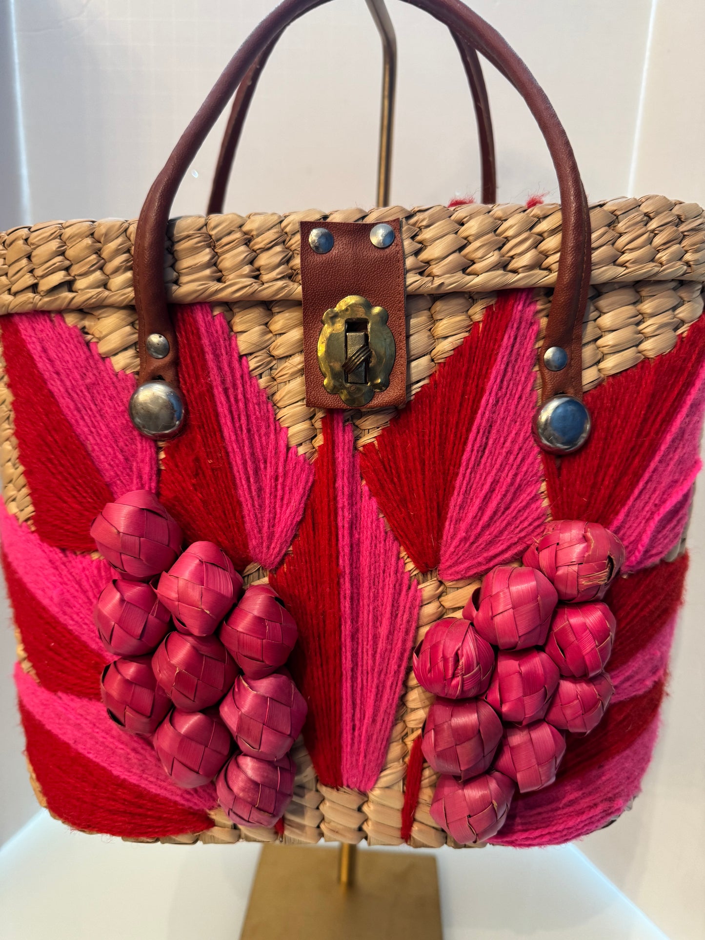 1950s wicker top handle bag with pink and red decorative embroidery