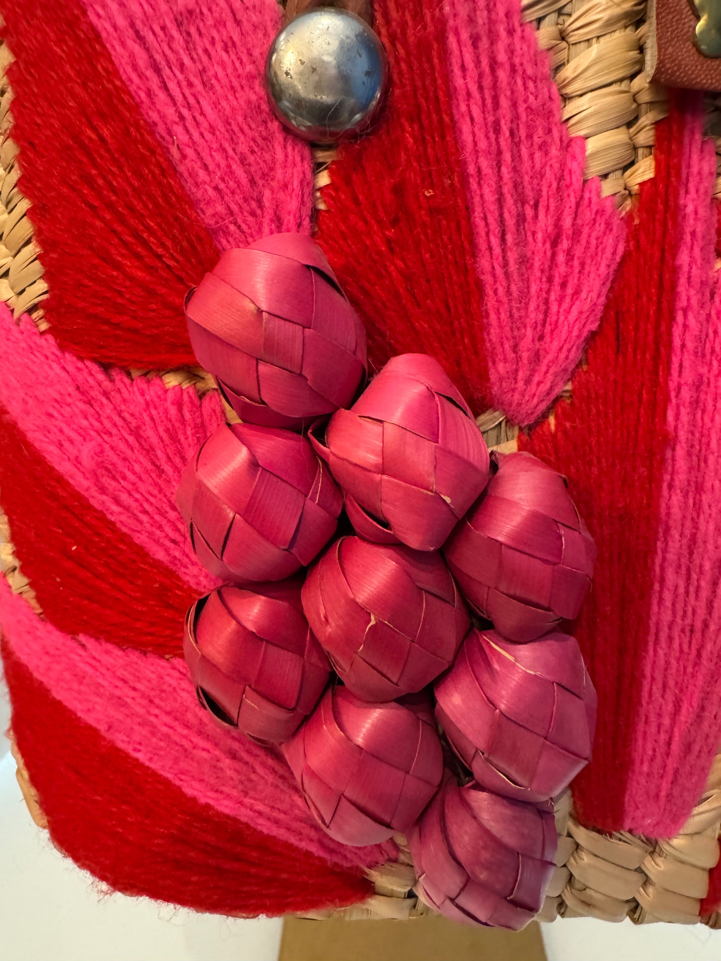 1950s wicker top handle bag with pink and red decorative embroidery