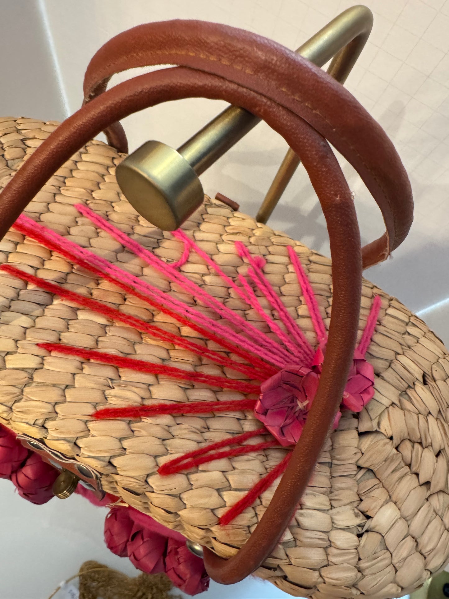 1950s wicker top handle bag with pink and red decorative embroidery