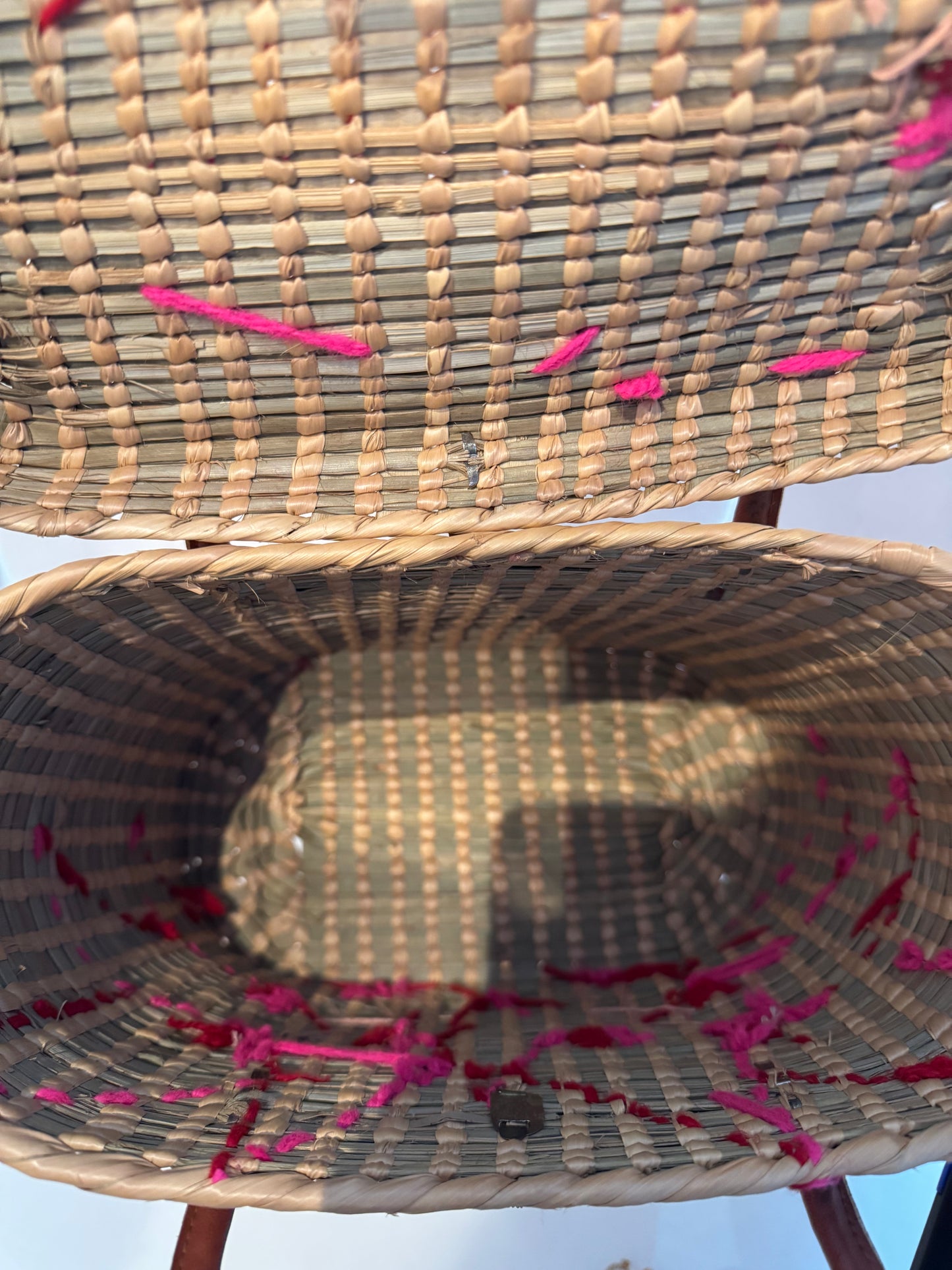 1950s wicker top handle bag with pink and red decorative embroidery