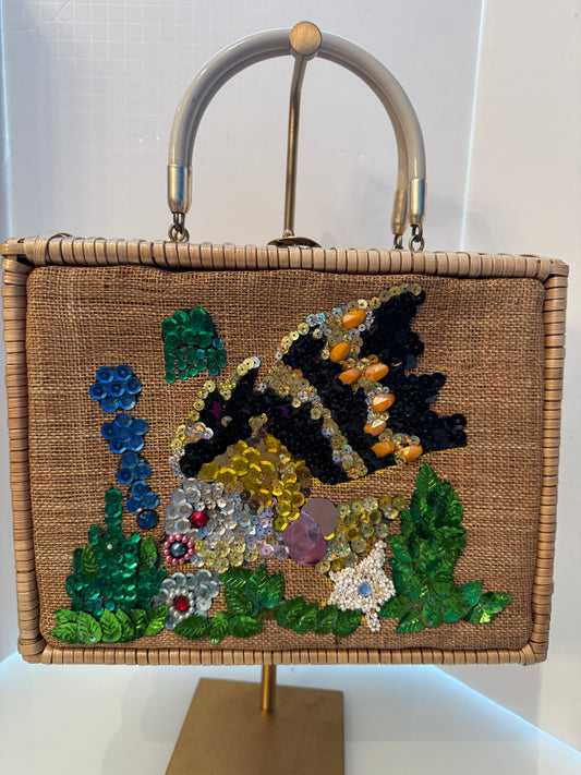 One of a kind 1950s unique sequin underwater fish scene on a wicker bag