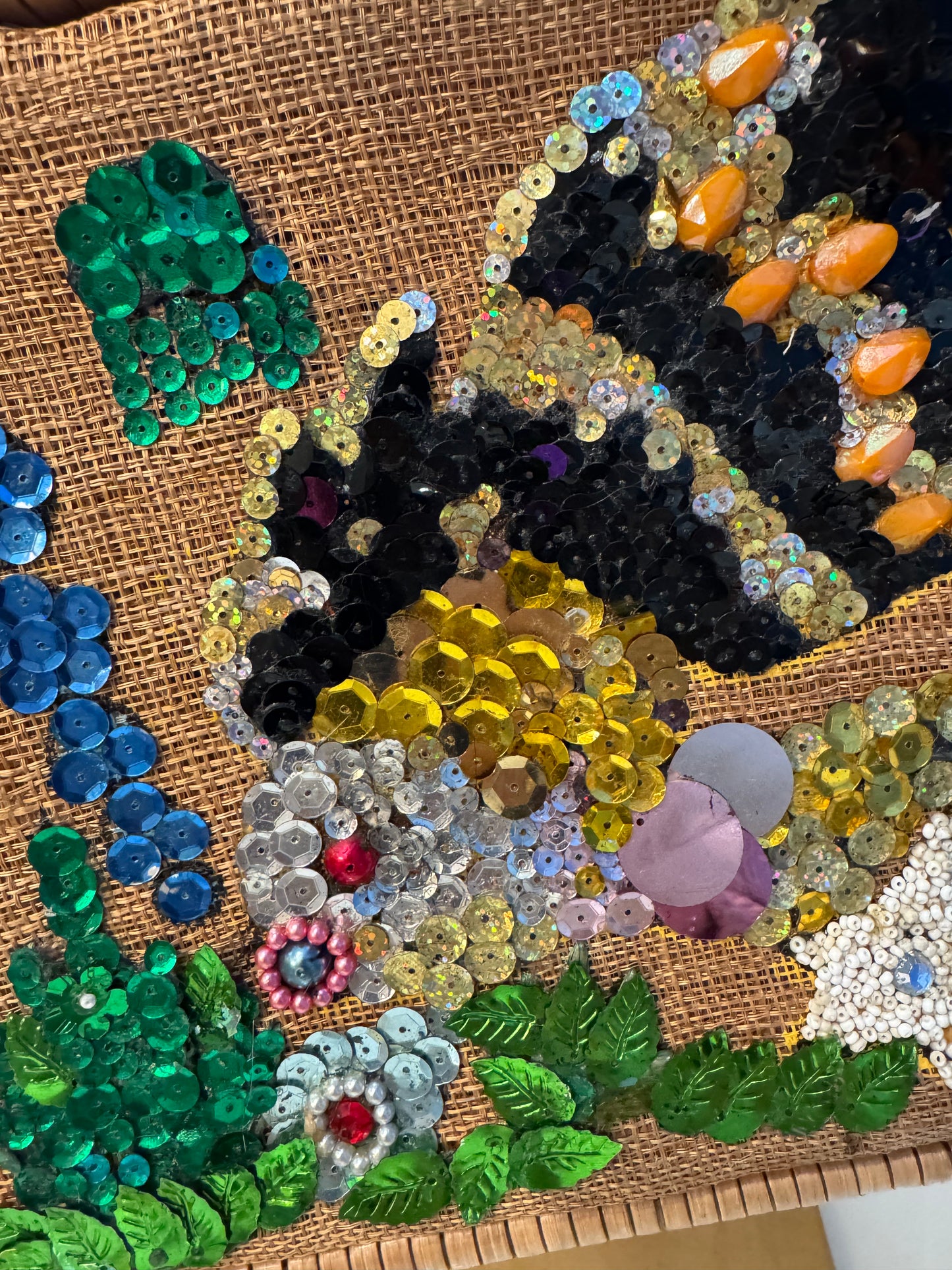 One of a kind 1950s unique sequin underwater fish scene on a wicker bag