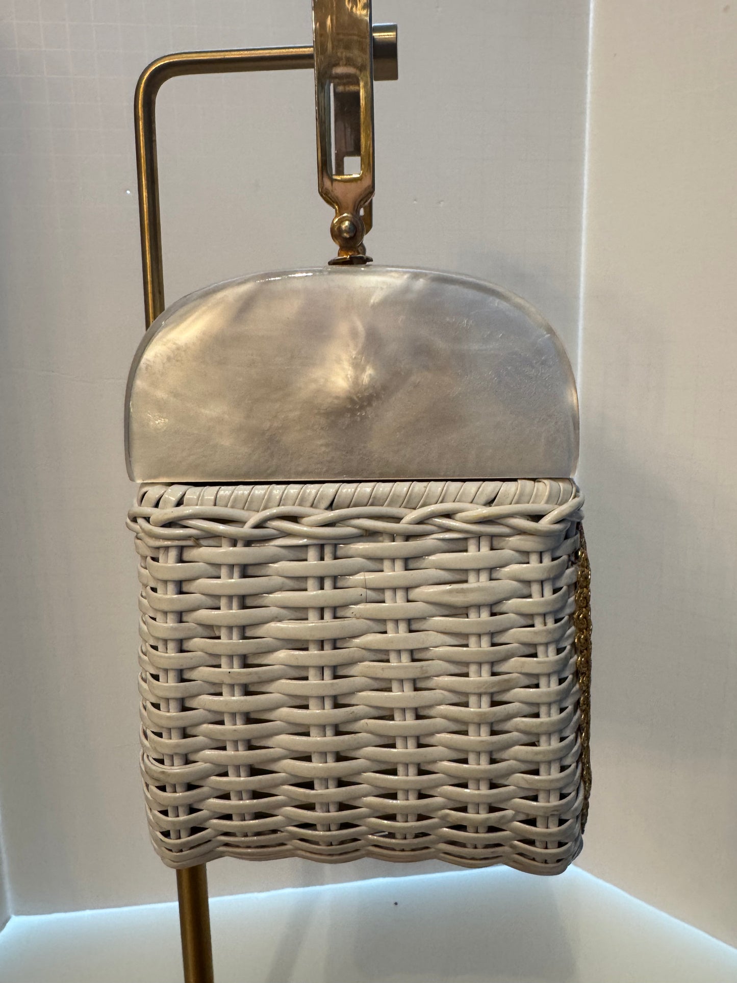 This top handle 1950s bag is a real showstopper. White wicker Lucite top square gold handle beads, and rhinestones in beautiful condition.