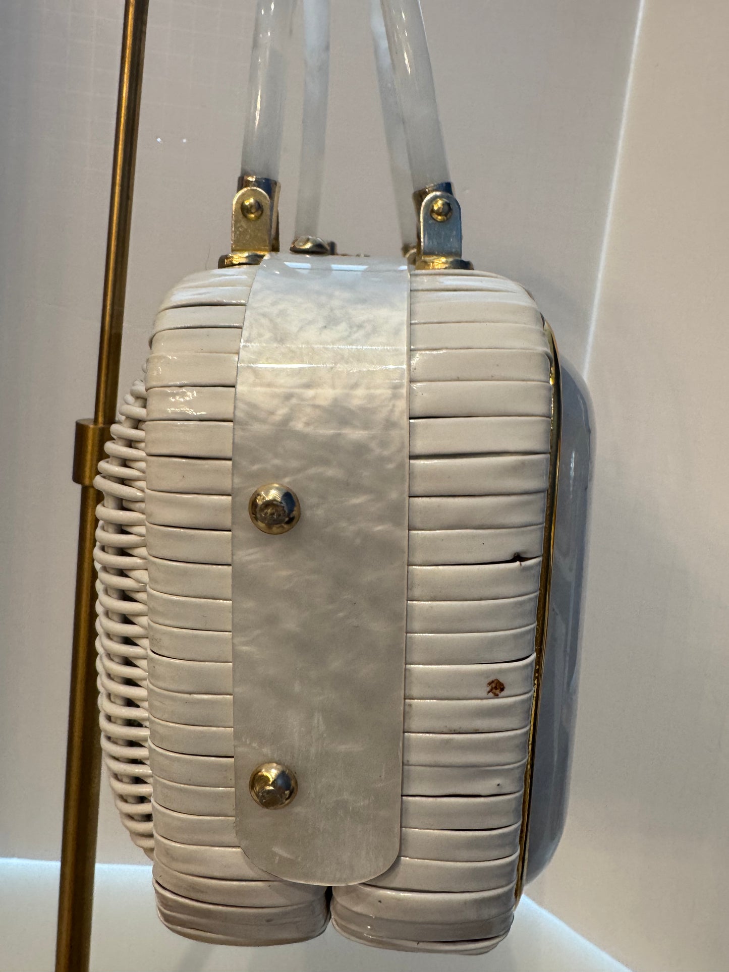 Absolutely beautiful 1950s top handle, wicker and Lucite bag. Handles and front are loose site with gold hardware back is all wicker.