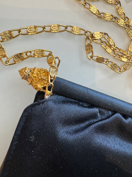 Stunning black satin 1950s Morris Moskowitz handbag with beautiful gold hardware and gold chain