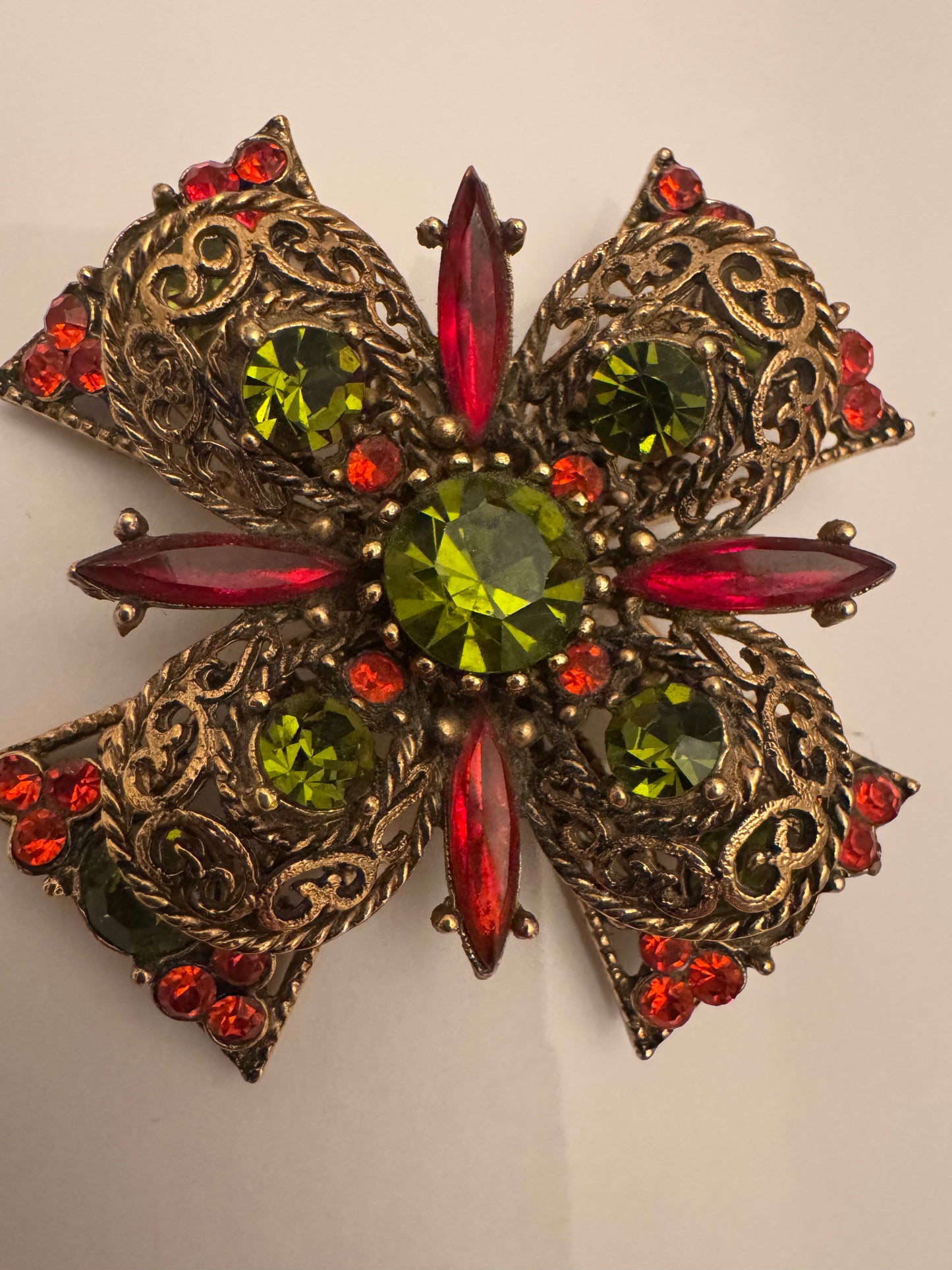 Stunning vintage 1950s/60 Emmons cross with orange green and red rhinestones