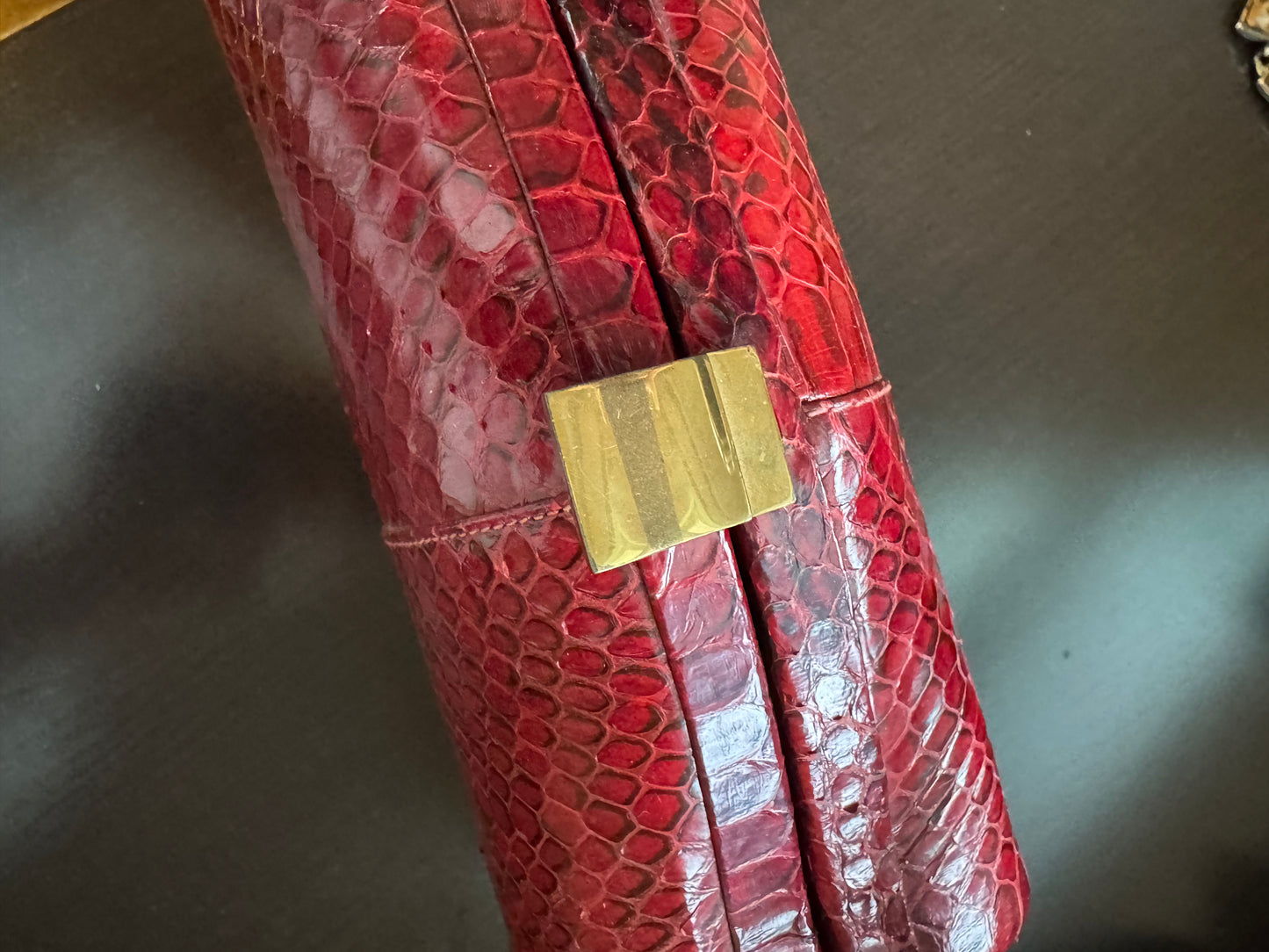 Beautiful 1940s burgundy, snake skin top handle handbag