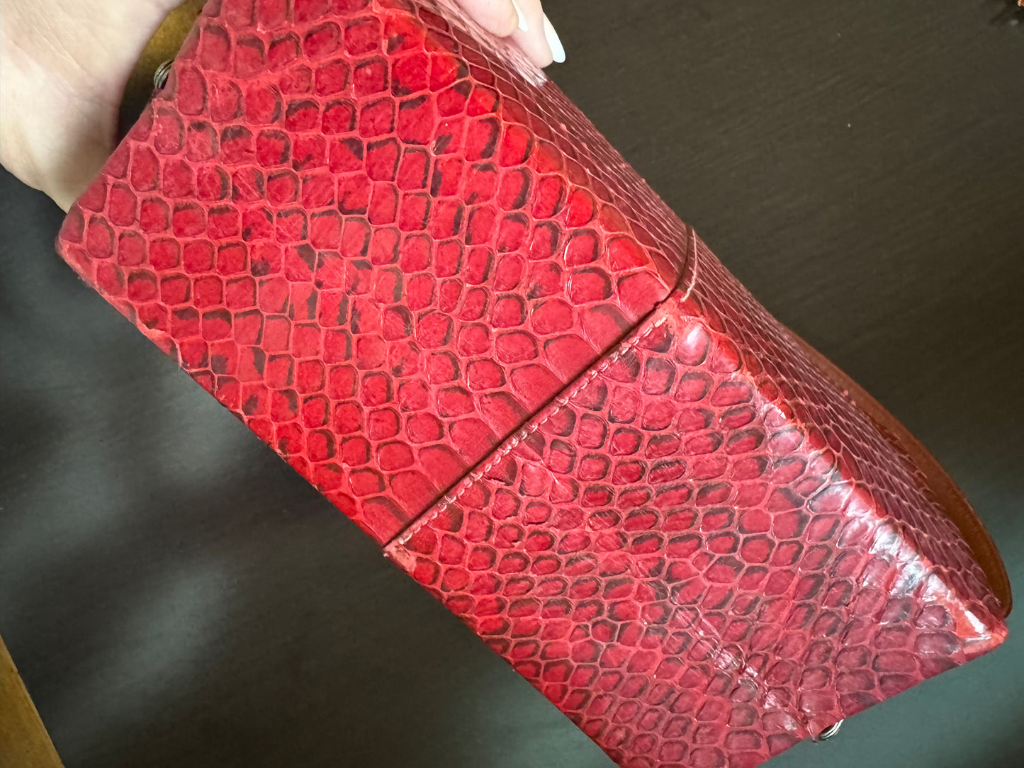 Beautiful 1940s burgundy, snake skin top handle handbag
