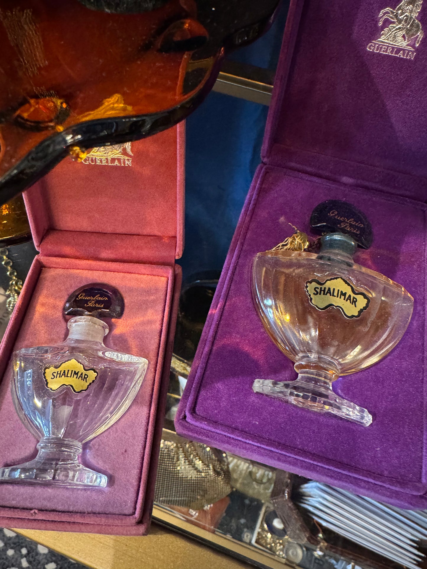 Vintage Shalimar fragrance bottles in original velvet boxes