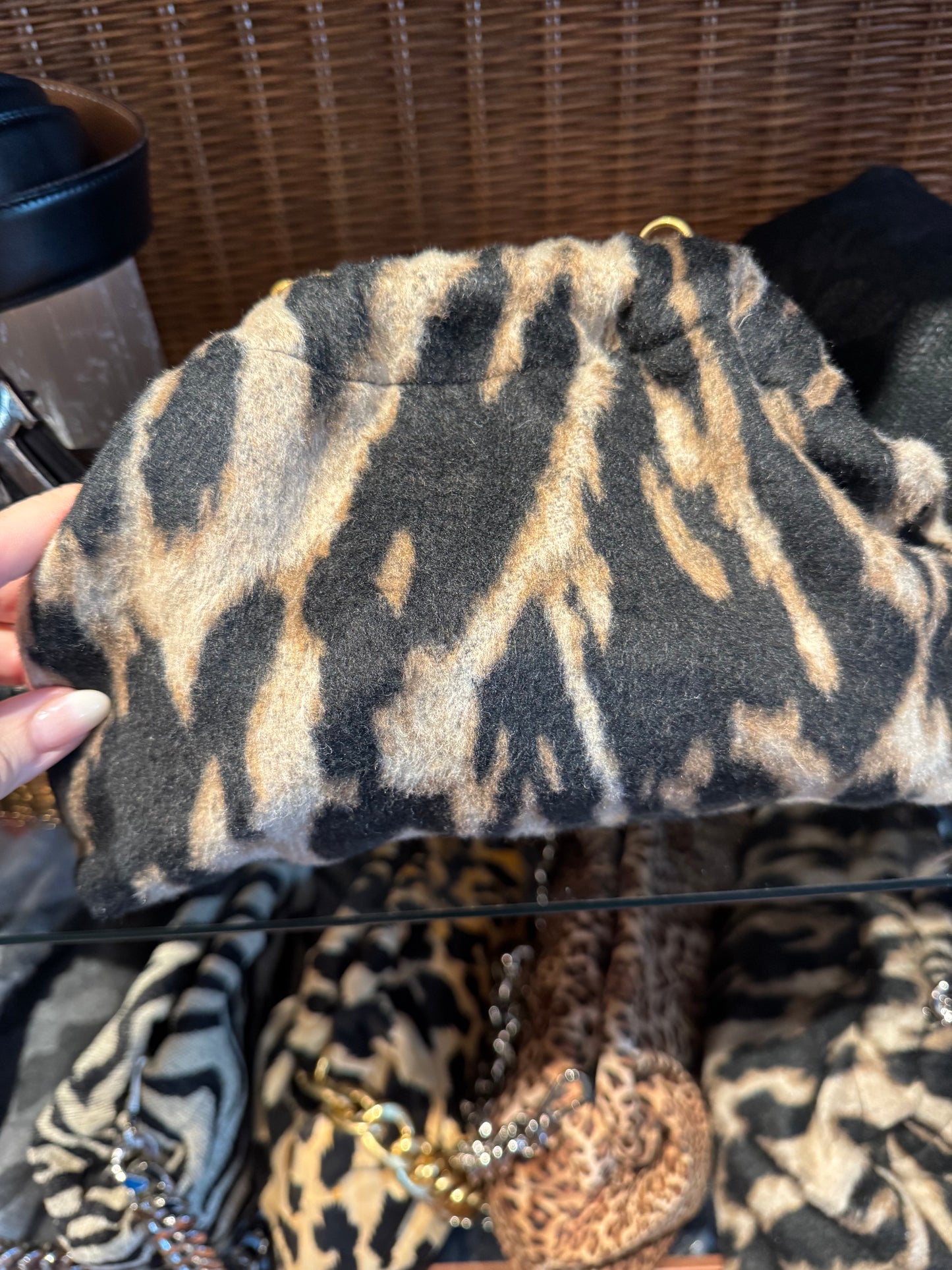 Limited edition, VAVRA New York, MINI fabric cashmere/wool blend clutch with chain. For limited time comes with complementary brooch.