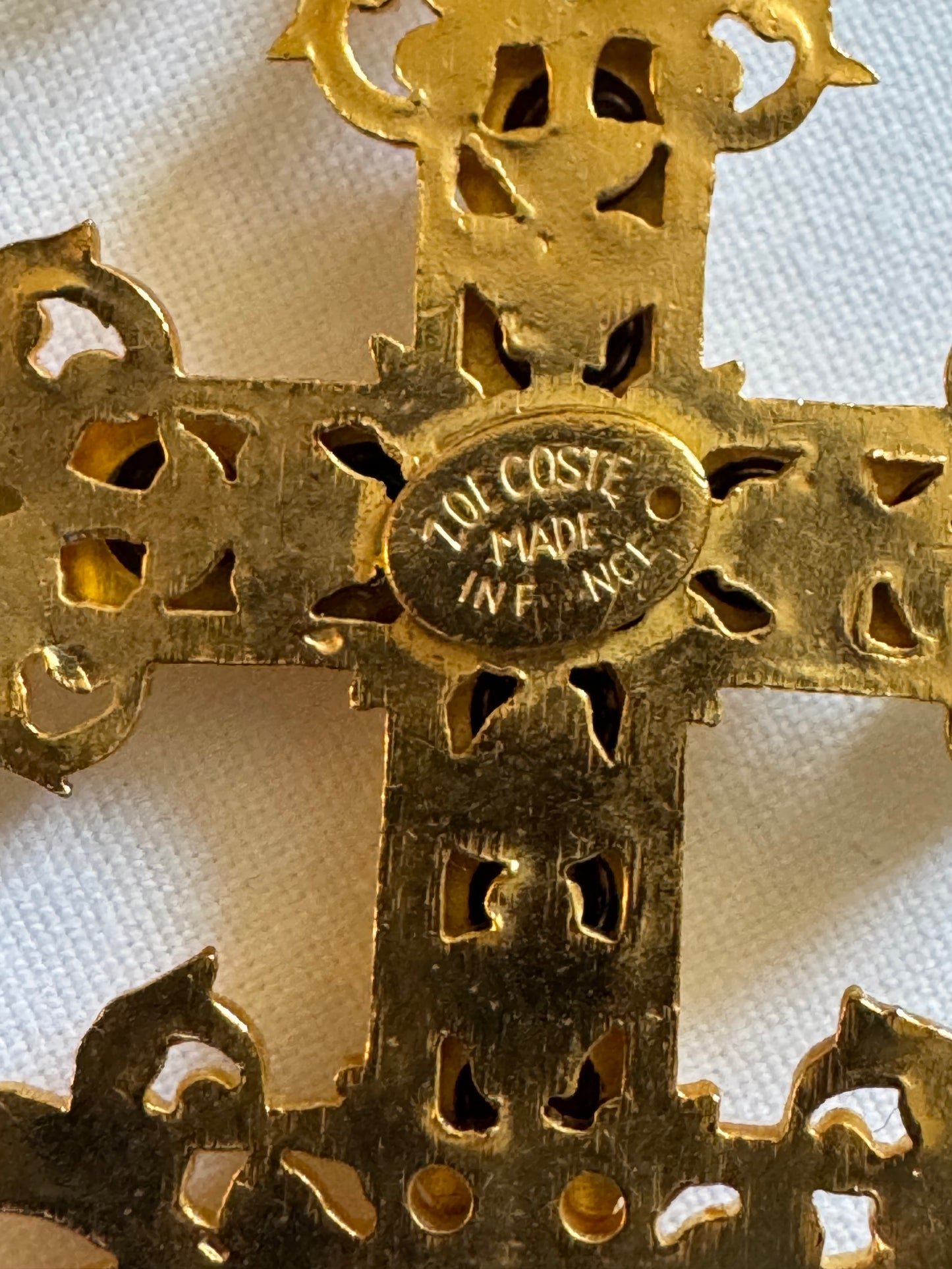 Zoe Coste gold tone, pearl and rhinestone dangle cross pierced earrings. Sourced in Paris.