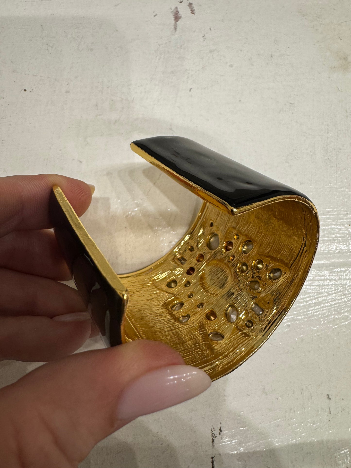Gorgeous vintage black enamel 1980s cuff with colored rhinestones. If you know, you know.